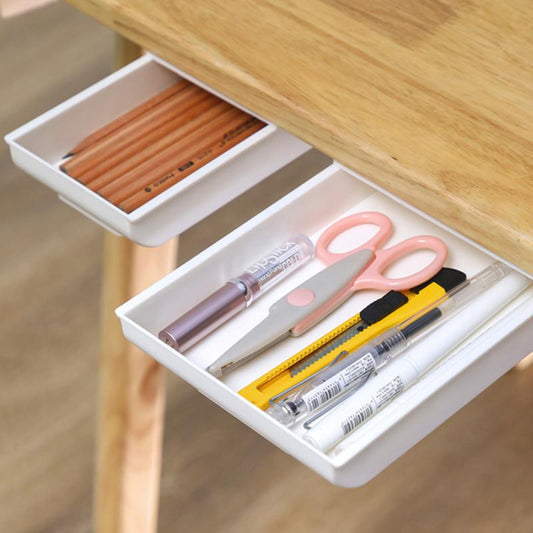 Self-Stick Under Desk Pencil Tray:  Hidden Stationery Organizer for Pens, Office & Home Storage